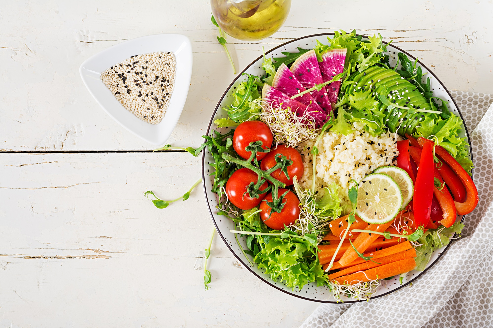 Couscous and vegetables bowl. Trend food.