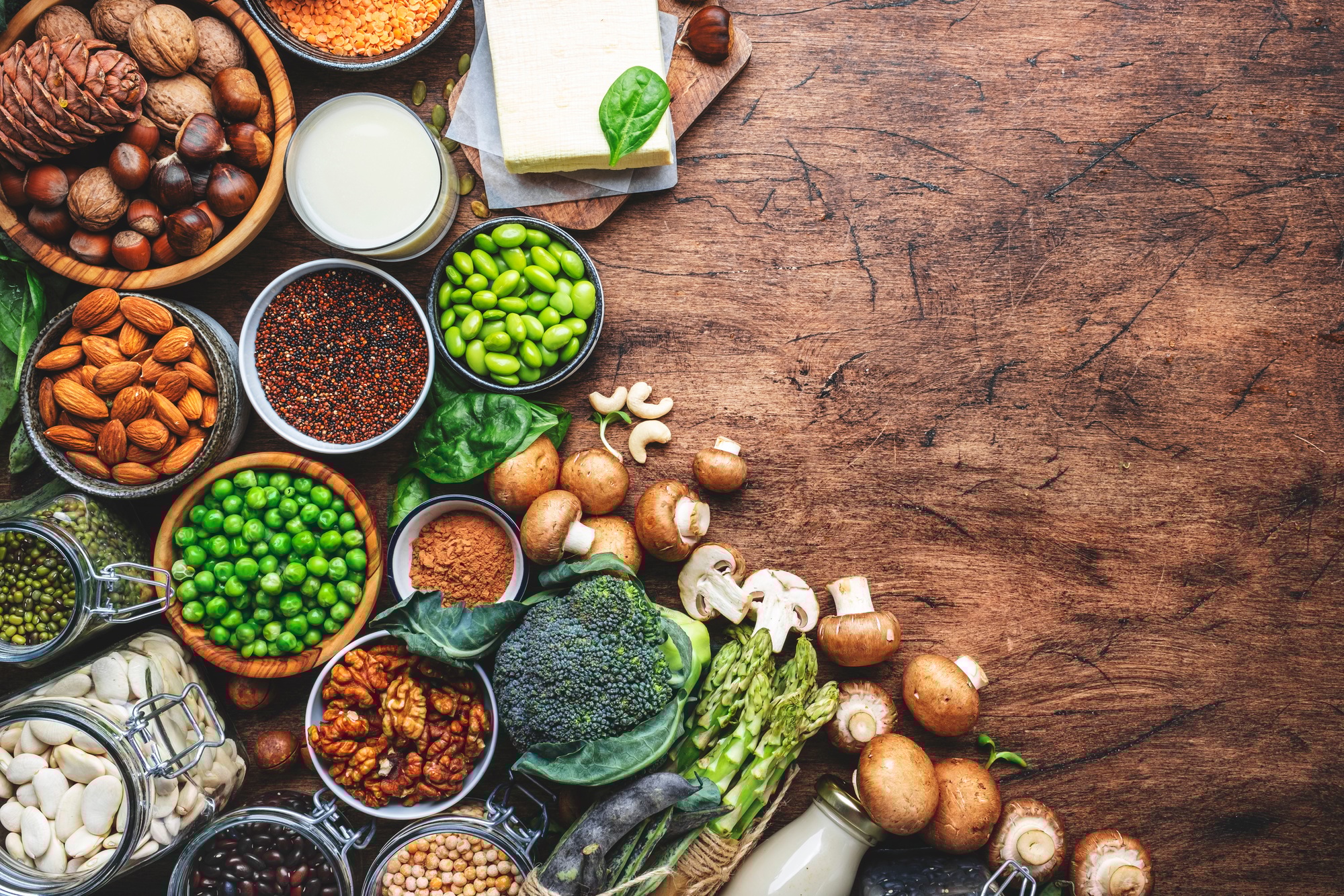 Vegan food background with empty space. Plant protein., vegetarian nutrition sources. Healthy eating