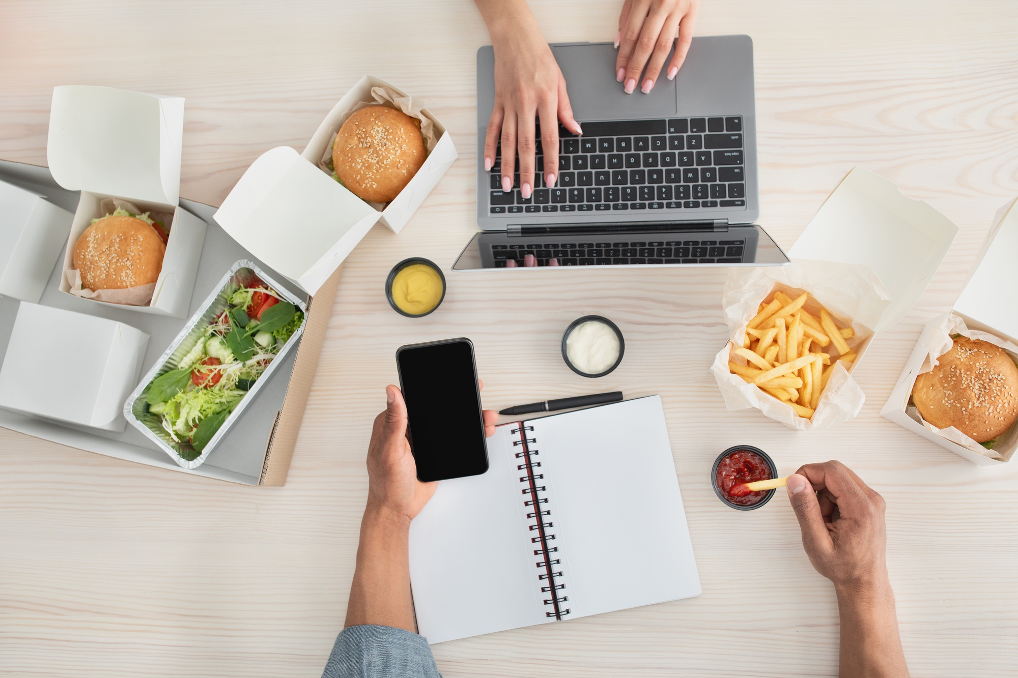 Work, lunch and food delivery office and home
